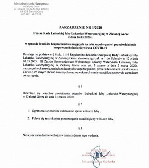 Zarządzenie Prezes Rady LIL-Wet nr 1/2020 z dn. 16.03.2020 r.