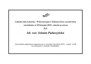 Zmarła  lek. wet. Jolanta Paduszyńska