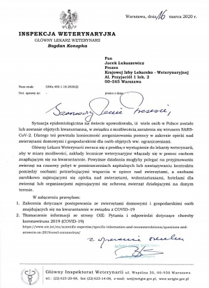 pismo Głównego Lekarza Weterynarii dotyczące postępowania w przypadku zwierząt domowych osób poddanych ograniczeniom w związku z COVID -19